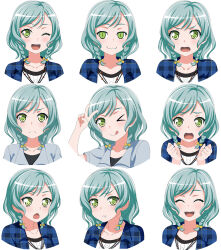  &gt;_o 1girl :3 ^_^ aqua_hair bang_dream! black_shirt blue_jacket blush bow braid closed_eyes closed_mouth commentary cropped_torso english_commentary expressions fries_vanquisher green_eyes grey_jacket hair_bow hand_up hands_up highres hikawa_hina jacket jewelry medium_hair multiple_views necklace one_eye_closed open_mouth pout shirt side_braids simple_background slit_pupils sparkling_eyes teeth unmoving_pattern upper_body upper_teeth_only v white_background white_shirt yellow_bow 