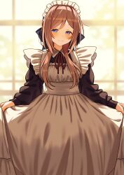  07nono06 1girl absurdres alternate_costume apron blurry blurry_background blush brown_hair commentary curtsey enmaided gakuen_idolmaster highres himesaki_rinami idolmaster indoors long_hair long_sleeves looking_at_viewer maid maid_apron maid_headdress neck_ribbon red_ribbon ribbon smile solo very_long_hair 