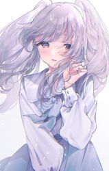  1girl blush dress fingernails grey_dress grey_hair highres idolmaster idolmaster_shiny_colors long_hair long_sleeves looking_at_viewer murmur_cucu neck_ribbon ribbon shirt simple_background smile solo twintails very_long_hair violet_eyes white_background white_shirt yukoku_kiriko 