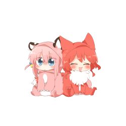  2girls :d ^_^ animal_costume animal_ears animal_hood blue_eyes blush bocchi_the_rock! chibi closed_eyes closed_mouth cube_hair_ornament fake_animal_ears gotoh_hitori hair_between_eyes hair_ornament hood hood_up kita_ikuyo multiple_girls one_side_up pink_hair rebecca_(keinelove) simple_background sitting smile tail tail_wrap turn_pale white_background 