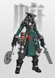  1boy absurdres boots circular_saw english_text full_body grey_background heart_(organ) highres hirada_hirao hole_in_chest hole_on_body humanoid_robot original robot saw saw_cleaver solo standing 