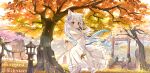 1girl absurdres animal_ears architecture autumn_leaves cat_ears cat_girl double-parted_bangs dress east_asian_architecture hair_ornament henzer highres long_hair original red_eyes solo white_dress white_hair