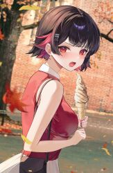  1girl absurdres bag black_hair breasts colored_inner_hair ellen_joe falling_leaves food from_side hair_ornament handbag highres holding holding_food holding_ice_cream ice_cream jaduade leaf medium_breasts multicolored_hair no_tail open_mouth outdoors red_eyes red_shirt redhead shirt short_hair skirt sleeveless sleeveless_shirt solo tree two-tone_hair white_skirt zenless_zone_zero 