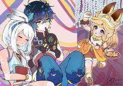  1boy 2girls absurdres animal_ears aqua_pants bandana bare_shoulders black_hair blue_eyes blue_hairband blush body_markings braid breasts dark_skin fur-lined_gloves fur-trimmed_mittens fur_trim genshin_impact gloves green_bandana hairband headband highres kachina_(genshin_impact) kinich_(genshin_impact) long_hair midriff mittens mualani_(genshin_impact) multiple_girls open_mouth pants sleeping smile solo tan tane1379 visor_cap white_visor 