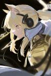  1girl animal_ear_fluff animal_ears arknights black_background blonde_hair blurry coat collared_coat depth_of_field epaulettes from_side headset highres horse_ears horse_girl implied_extra_ears long_hair nearl_(arknights) nearl_the_radiant_knight_(arknights) ponytail popped_collar profile single_epaulette solo upper_body uryu_(uryu0329) white_coat yellow_eyes 