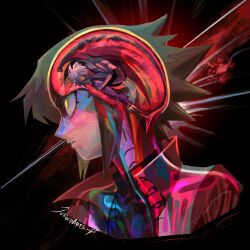  1boy 1other anatomy artist_name black_shirt bone brain brown_hair curling demon_wings duel_academy_uniform_(yu-gi-oh!_gx) exposed_brain heterochromia highres horror_(theme) jacket judgedarts multicolored_hair open_clothes open_jacket purple_hair red_jacket shirt short_hair signature spine split-color_hair third_eye two-tone_hair white_hair wings yellow_eyes yu-gi-oh! yu-gi-oh!_gx yubel yuki_judai 