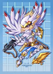  1other 2024 absurdres arm_shield arrow_(projectile) belt bird blonde_hair blue_background bodysuit brown_belt cape chest_guard chibi chibi_only covered_eyes crossbow digimon digimon_(creature) drop_shadow feather_cape feathers full_body grid hand_up helmet highres holding holding_arrow holding_crossbow holding_weapon knee_pads knee_up leather_belt leg_belt leg_up mundienaskd quiver scabbard sheath sheathed short_hair smile sunglasses sword torn_clothes valkyrimon waist_cape weapon white_bodysuit white_cape white_feathers white_helmet winged_footwear winged_helmet yellow_feathers 