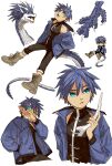  1boy blue_eyes blue_hair blue_jacket blue_scales bone boots chibi chibi_inset claws dragon dragon_boy dragon_tail gr178rg hand_up hands_in_pockets highres holding holding_bone jacket long_sleeves looking_at_viewer male_focus multiple_views open_mouth original pointy_ears short_hair simple_background sleeveless slit_pupils tail turtleneck white_background 