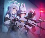  3girls absurdres animal_ears black_hair blue_archive blue_eyes blue_halo blue_skirt blush braid closed_mouth combat_helmet dated estrella_(uypu4574) fake_animal_ears green_halo grey_hair gun hair_between_eyes halo helmet highres holding holding_gun holding_weapon long_hair long_sleeves miyako_(blue_archive) miyu_(blue_archive) multiple_girls neckerchief open_mouth pink_neckerchief pleated_skirt rabbit_ears red_eyes saki_(blue_archive) short_hair signature skirt stahlhelm two-tone_gloves violet_eyes weapon white_halo yellow_neckerchief 