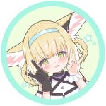  1girl absurdres animal_ear_fluff animal_ears arknights bare_shoulders black_collar black_gloves blonde_hair blue_hairband blush braid cherry1209 clothing_cutout collar commentary_request crossed_bangs dress earpiece fox_ears fox_girl fox_shadow_puppet gloves green_eyes hairband head_tilt highres infection_monitor_(arknights) looking_at_viewer oripathy_lesion_(arknights) parted_lips portrait short_hair shoulder_cutout single_glove solo suzuran_(arknights) twin_braids wrist_cuffs 