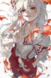  1girl absurdres bow cigarette collarbone collared_shirt fingernails fire fujiwara_no_mokou fuunyon grey_footwear hair_between_eyes hair_bow hand_in_pocket hand_up highres long_hair looking_at_viewer ofuda ofuda_on_clothes pants puffy_short_sleeves puffy_sleeves red_bow red_eyes red_pants shirt shoes short_sleeves simple_background smoking solo standing suspenders teeth touhou two-tone_bow white_background white_bow white_hair white_shirt 