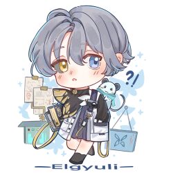  !? 1boy :o animal_on_shoulder artist_name black_sclera black_socks blue_butterfly blue_eyes bug butterfly butterfly_background clipboard coat colored_sclera elgyuli full_body grey_hair hand_in_pocket highres holding holding_clipboard leg_up looking_at_viewer male_focus mismatched_sclera mouse_(animal) paper procreate_(medium) reverse:1999 short_hair sign socks solo standing standing_on_one_leg white_background white_coat x_(reverse:1999) yellow_eyes 