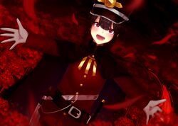  1boy :d belt black_belt black_cape black_hat black_sky blush brown_hair cape chain cowboy_shot crest dutch_angle falling_petals family_crest fate/grand_order fate_(series) field flower flower_field gloves gold_chain grey_gloves gun hair_between_eyes handgun hat high_collar hilt holster jacket kepi long_hair long_sleeves looking_at_viewer male_focus military_hat military_uniform oda_nobukatsu_(fate) oda_uri open_mouth outstretched_arms palms petals ponytail red_eyes red_jacket red_petals sidelocks sky smile solo spider_lily tsuyuri_(5/7) very_long_hair weapon 