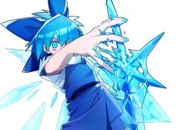  1girl blue_eyes blue_hair blue_shirt blue_sky cirno crystal_sword detached_wings highres holding holding_shield ice ice_wings okashi0655 shield shirt short_hair simple_background sky solo sword touhou weapon white_background wings 