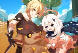  1boy 1girl :d aether_(genshin_impact) ahoge black_cape black_eyes black_gloves blonde_hair blue_sky braid cape clouds commentary_request day genshin_impact gloves hair_between_eyes hair_ornament halo highres holding_hands kottone_8 little_one_(genshin_impact) long_hair looking_at_viewer making-of_available outdoors paimon_(genshin_impact) parted_lips sky smile star_(symbol) star_hair_ornament teeth tepetlisaurus_(genshin_impact) tree upper_teeth_only very_long_hair white_hair white_romper yellow_eyes 