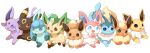  :3 absurdres animal_focus black_eyes blue_eyes brown_eyes eevee espeon evolutionary_line flareon fluffy forehead_jewel glaceon green_eyes highres jolteon leafeon mimix no_humans open_mouth pawpads pokemon red_eyes simple_background smug sylveon umbreon vaporeon violet_eyes white_background 