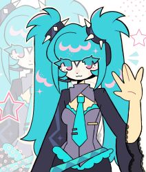  1girl aqua_eyes aqua_hair aqua_necktie bluebottleszz borrowed_design hand_up hatsune_miku highres long_hair long_sleeves looking_at_viewer microphone necktie smile solo star_(symbol) twintails upper_body very_long_hair vocaloid wide_sleeves zoom_layer 