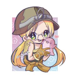  1girl 2others :d apron blonde_hair blush brown_apron clothes_around_waist glasses gradient_background green_eyes headlamp heart helmet highres holding long_hair looking_at_viewer low_twintails maaa made_in_abyss makaroni_ghn mining_helmet multiple_others naked_apron patterned_background riko_(made_in_abyss) sleeveless smile teeth tongue twintails two-tone_background upper_body upper_teeth_only white_background 