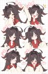  1girl :&lt; ? ahoge black_hair black_horns blue_archive blush closed_eyes closed_mouth coat collared_shirt demon_horns hair_intakes halo highres horns kasumi_(blue_archive) lab_coat long_hair motion_lines multiple_views open_mouth red_halo red_shirt sasami_(cho_ge_n_ki) shirt sleeves_past_fingers sleeves_past_wrists smile sparkle twitter_username walkie-talkie white_coat yellow_eyes 