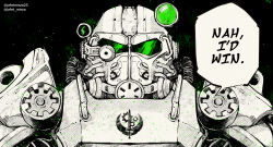  armor black_background brotherhood_of_steel_paladin english_commentary fallout_(series) green_eyes highres jafet_meza meme nah_i'd_win_(meme) portrait power_armor power_armor_(fallout) science_fiction speech_bubble spot_color twitter_username 