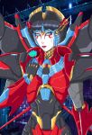  1girl armor blue_eyes breasts flower highres holding holding_flower humanoid_robot kriemh1ld makeup mecha_musume mechanical_wings medium_breasts red_lips robot shoulder_armor solo transformers windblade wings 