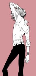  1boy arm_over_head arm_up armband belt collared_shirt commentary feet_out_of_frame from_behind gokudera_hayato greyscale_with_colored_background highres katekyo_hitman_reborn male_focus noso_xxx pants red_background shirt simple_background sleeve_cuffs solo 