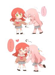  2girls :d ^_^ black_footwear blush bocchi_the_rock! brown_shirt chibi closed_eyes flying_sweatdrops gotoh_hitori grey_sailor_collar grey_skirt hair_between_eyes heart highres holding_hands jacket kita_ikuyo long_hair multiple_girls one_side_up pants pants_under_skirt pink_hair pink_jacket pink_pants pleated_skirt rebecca_(keinelove) redhead sailor_collar shirt shoes simple_background skirt smile socks sweat track_jacket track_pants track_suit translation_request very_long_hair wavy_mouth white_background white_socks yellow_eyes 