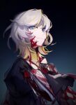  1girl ascot black_ascot blonde_hair blood blood_on_face blue_eyes closed_mouth collared_shirt faust_(limbus_company) highres jacket limbus_company long_sleeves looking_at_viewer multicolored_hair project_moon shirt solo streaked_hair upper_body wax_seal white_hair white_jacket ziv_(ziw1004) 