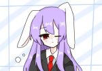  animal_ears black_jacket blazer blush collared_shirt commentary_request droopy_ears jacket light_blue_background long_hair mfb5koihura moon_rabbit necktie portrait purple_hair rabbit_ears rabbit_girl red_eyes red_necktie reisen_udongein_inaba shirt sleepy striped striped_background teardrop touhou white_shirt 