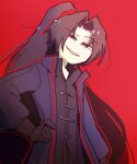  1boy absurdres black_coat black_gloves black_hair blue_coat coat gloves high_ponytail highres jia_huan_(limbus_company) limbus_company long_hair long_sleeves looking_at_viewer male_focus parted_bangs parted_lips project_moon red_background red_eyes simple_background solo surumenabe very_long_hair 