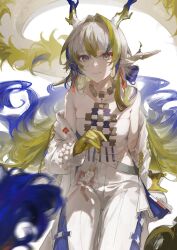  1girl arknights blonde_hair blue_hair blue_horns colored_extremities dragon_girl dragon_horns eastern_dragon_tail horns jacket jewelry kingcraft_kingu long_hair multicolored_eyes multicolored_hair multicolored_horns pants shu_(arknights) sitting solo strapless tube_top very_long_hair white_background white_eyes white_hair white_horns white_jacket white_pants white_tube_top yellow_eyes yellow_horns 