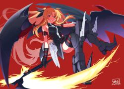  1girl beam_scythe blonde_hair breasts fate_testarossa gloves gundam gundam_deathscythe_hell_custom gundam_wing gundam_wing_endless_waltz hair_ribbon hibun_tsukasa highres holding holding_scythe long_hair looking_at_viewer lyrical_nanoha magical_girl mahou_shoujo_lyrical_nanoha_strikers mechanical_wings multiple_girls red_eyes ribbon science_fiction scythe smile solo thigh-highs twintails very_long_hair wings 