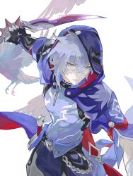  1boy bird black_gloves chain commentary_request frown gloves grey_eyes grey_hair highres holding holding_knife honkai:_star_rail honkai_(series) hood hood_up hooded_jacket jacket knife looking_to_the_side male_focus moze_(honkai:_star_rail) mumu_vosp pants purple_jacket purple_pants purple_shirt red_pupils shaded_face shirt short_hair simple_background solo tight_clothes white_background 