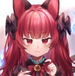  1girl alternate_hairstyle animal_ears bell black_dress blush cat_ears closed_mouth commentary dress extra_ears highres jingle_bell kaenbyou_rin long_hair portrait red_eyes redhead solo symbol-only_commentary touhou utsuro114514 