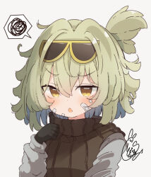  1girl :o bandaid bandaid_on_cheek bandaid_on_face beni_shake black_gloves black_sweater blush brown_eyes brown_hair caesar_king_(zenless_zone_zero) chibi commentary_request eyewear_on_head gloves grey_background hair_between_eyes hand_up long_sleeves looking_at_viewer parted_lips puffy_long_sleeves puffy_sleeves ribbed_sweater signature simple_background solo spoken_squiggle squiggle sunglasses sweater turtleneck turtleneck_sweater upper_body yellow-framed_eyewear zenless_zone_zero 