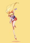  1girl aino_minako bishoujo_senshi_sailor_moon blonde_hair blue_bow blue_bowtie blue_eyes bow bowtie choker circlet collar elbow_gloves full_body gloves hair_bow high_heels highres leotard long_hair miniskirt orange_background orange_choker orange_collar orange_footwear orange_gemstone orange_sailor_collar orange_skirt pleated_skirt pochi_(askas_is_god) red_bow sailor_collar sailor_senshi_uniform sailor_venus shirt short_sleeves simple_background skirt solo white_gloves white_leotard white_shirt 