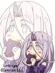  1girl artist_name bare_shoulders baron_(varon666) blush_stickers chibi detached_sleeves eating food fuuto_tantei highres holding holding_food kamen_rider kamen_rider_w long_hair purple_hair purple_sleeves purple_sweater simple_background sweater tokime_(fuuto_tantei) twitter_username upper_body violet_eyes white_background zoom_layer 