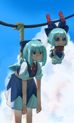  1girl absurdres blue_bow blue_dress blue_eyes blue_hair blue_sky bow cirno cirno_day closed_mouth clothes_pin clouds day dress frown fumo_(doll) hair_bow hanging highres ice ice_wings makotogab outdoors rope shirt short_sleeves sky split_mouth touhou v-shaped_eyebrows wet white_shirt wings 