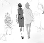  1girl ahoge commentary_request from_behind greyscale highres jacket kanazawa_shinnosuke long_hair long_sleeves medium_skirt monochrome original pants plant ponytail potted_plant shirt shoes skirt striped striped_skirt striped_vest vest walking 
