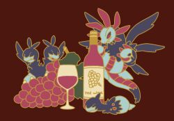  alcohol animal_focus bottle brown_outline cup deino_(pokemon) drinking_glass evolutionary_line fangs food fruit full_body grapes hydreigon no_humans nostrils open_mouth pokemon pokemon_(creature) red_background red_eyes red_wine satsumapotato simple_background wine wine_bottle wine_glass zweilous 