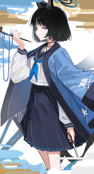  1girl animal_ears black_hair black_skirt blue_archive blue_halo blue_neckerchief cat_ears grey_eyes halo haori highres holding holding_smoking_pipe japanese_clothes kikyou_(blue_archive) kiseru looking_at_viewer neckerchief school_uniform serafuku shirt short_hair skirt smoking_pipe solo standing white_shirt wiersa 