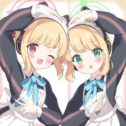  2girls :o ;d animal_ear_headphones animal_ears apron blonde_hair blue_archive blue_bow blue_bowtie blush bow bowtie cat_ear_headphones fake_animal_ears frilled_apron frills green_eyes green_halo halo headphones heart_arms_duo highres looking_at_viewer maid maid_apron maid_headdress mayu_next1222 midori_(blue_archive) midori_(maid)_(blue_archive) momoi_(blue_archive) momoi_(maid)_(blue_archive) multiple_girls one_eye_closed pink_halo red_eyes red_halo siblings sisters smile twins upper_body v white_apron window 