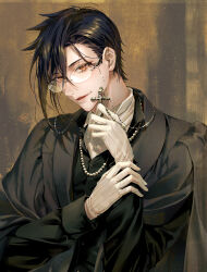  1boy 2024 alternate_costume alternate_hairstyle black_hair black_suit cross cross_necklace dated doro_(sabarudoro) glasses gloves highres holding holding_cross jewelry kuroshitsuji looking_at_viewer male_focus necklace open_mouth round_eyewear sebastian_michaelis short_hair signature smug solo suit upper_body white_gloves yellow_eyes 