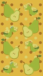  blush budew closed_mouth food fruit highres no_humans pear pokemon pokemon_(creature) polka_dot polka_dot_background satsumapotato smile yellow_background 