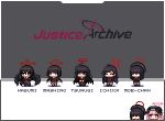  6+girls black_hair black_serafuku black_wings blue_archive character_name chibi commentary english_commentary english_text halo hasumi_(blue_archive) ichika_(blue_archive) justice_task_force_(blue_archive) justice_task_force_member_(blue_archive) koharu_(blue_archive) logo_parody mashiro_(blue_archive) multiple_girls pixel_art red_halo redforge school_uniform serafuku tsurugi_(blue_archive) wings 