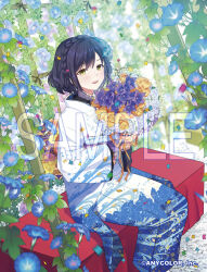  1girl :d alternate_costume alternate_hairstyle black_hair blue_flower bouquet braid confetti copyright_name crown_braid flower highres holding holding_bouquet japanese_clothes kimono long_sleeves nijisanji official_art print_kimono purple_flower reu_(pixiv6176367) sample_watermark shizuka_rin sitting smile solo swept_bangs teeth tongue upper_teeth_only virtual_youtuber watermark white_flower white_kimono wide_sleeves yellow_eyes yellow_flower 