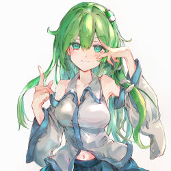  1girl absurdres bare_shoulders blue_skirt blush closed_mouth collarbone collared_shirt detached_sleeves frog_hair_ornament green_eyes green_hair hair_ornament hair_tubes hand_on_own_face highres ikazuchi_akira kochiya_sanae light_blush long_hair navel pointing pointing_up shirt simple_background single_hair_tube single_sidelock skirt smile snake_hair_ornament solo touhou white_background 