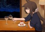  1girl admire_vega_(umamusume) animal_ears black_shirt brown_eyes brown_hair cake cake_slice cup drinking_glass food fork highres holding holding_cup horse_ears indoors lamp long_hair low_ponytail plate shirt shooting_star sitting solo strawberry_shortcake table toasting_(gesture) umamusume window wine_glass yano_(edbr1022) 