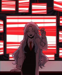  1girl angela_(project_moon) arm_up black_vest blue_hair coat collared_shirt game_25_lol gradient_hair hair_tie highres holding holding_hair_tie lab_coat lapels lobotomy_corporation long_hair long_sleeves monitor multicolored_hair necktie notched_lapels office_lady open_mouth pencil_skirt project_moon red_necktie shirt skirt smile solo very_long_hair vest white_coat white_shirt yellow_eyes 