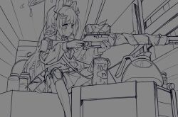  1girl absurdres blue_archive blunt_bangs bolt_action coffee_pot gun halo highres holding holding_gun holding_weapon knee_pads leaf leaf_on_head lineart long_hair miyu_(blue_archive) monochrome mosin-nagant parody rifle single_knee_pad sitting sniper_(tf2) team_fortress_2 waa153 weapon 